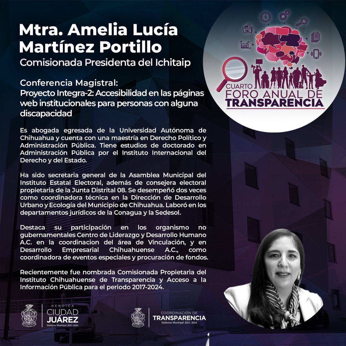 #ForoAnualDeTransparencia 
La Comisionada Presidente del <a href="/ICHITAIPOficial/">Ichitaip</a>, Mtra. <a href="/amelia_mtz/">Amelia L. Martinez</a>, participará en el Cuarto #ForoAnualDeTransparencia: Construyendo conciencia social a través del acceso a la información.

Asiste y regístrate en la página: transparenciajrz.com
