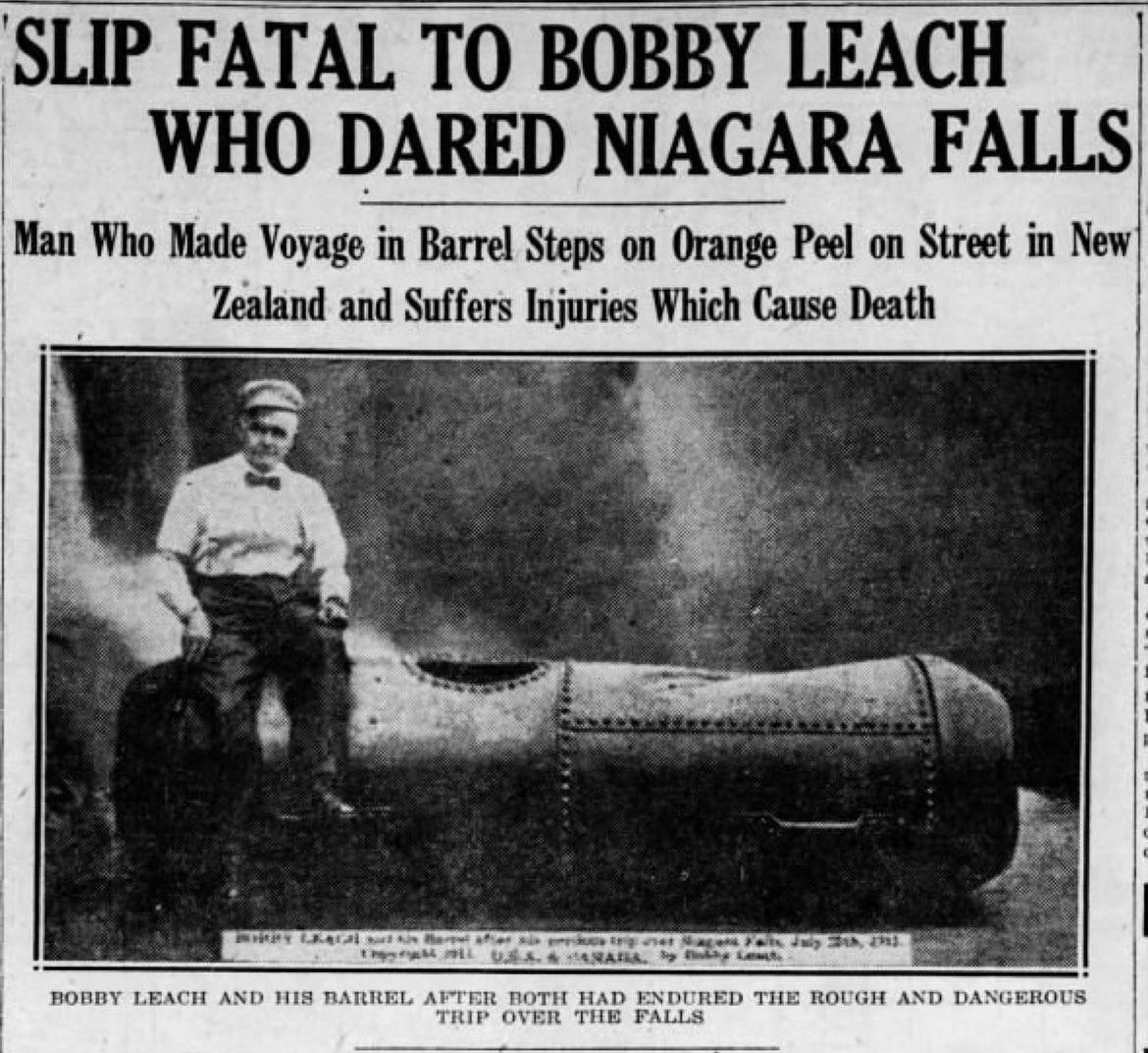 historyinmemes's tweet photo. Bobby Leach's story is a remarkable one that combines both daring adventure and tragic irony. Born in Cornwall, England, in 1858, Leach gained notoriety for being the first person to successfully survive going over Niagara Falls in a barrel in 1911. This stunt brought him fame and recognition, solidifying his place in history as a daredevil and adventurer.

Leach's barrel plunge was an incredibly risky feat, considering the powerful force and treacherous nature of the falls. He emerged from the ordeal with only minor injuries, which was considered a miracle at the time. Following this daring accomplishment, Leach continued to capitalize on his newfound fame by showcasing his barrel and sharing his story through lectures and presentations.

However, fate took a cruel turn for Bobby Leach. In 1926, fifteen years after his successful plunge over Niagara Falls, he met an ironic and tragic end. While walking on a street in New Zealand, Leach slipped on an orange peel and suffered severe injuries. Despite surviving the perilous barrel ride, it was a seemingly insignificant accident involving an orange peel that ultimately led to his demise. He passed away from complications related to his injuries.