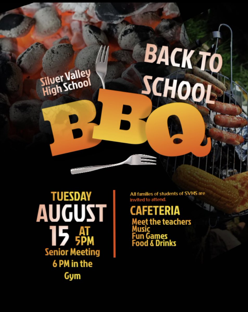 SVHSCoachMeyer's tweet photo. Join us tomorrow night for our Back to School BBQ. Senior meeting to follow at 6pm in the gym. ⁦@SVHS_PRIDE⁩ ⁦@SilverValleyUSD⁩ ⁦@NTC_UPDATE⁩ ⁦@MCLB_Barstow⁩ https://t.co/aDPKHCyp0I