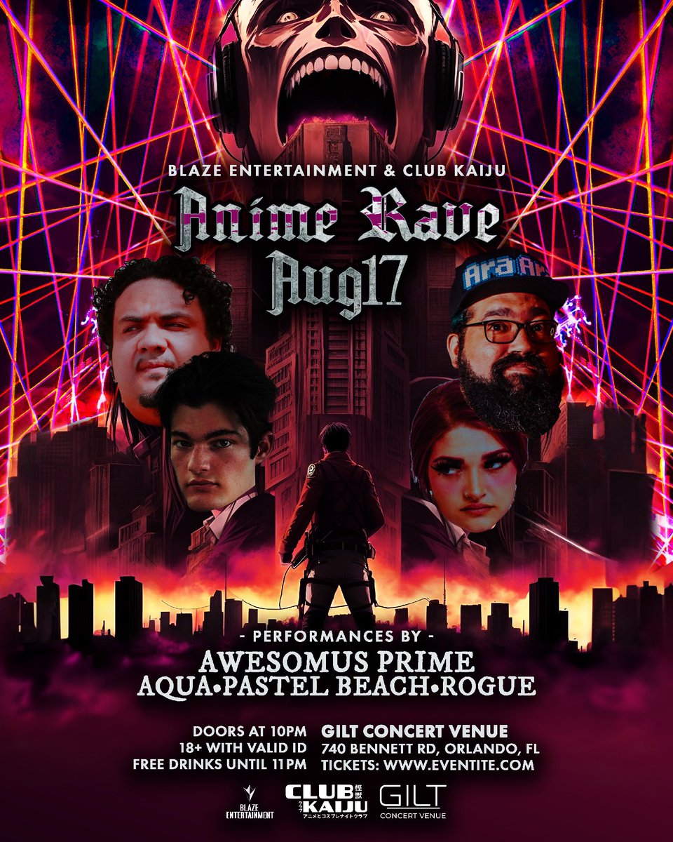 BlazeEntmt's tweet photo. 🔊 3 days until our Anime Cosplay Rave returns Thursday 8.17.2023 at Gilt in Orlando, FL with an experience that blends anime, cosplay plus music into an unforgettable night of fun 🔥🦸Cosplay encouraged! 🎟️ This is a ticketed event, link in bio (18+ with valid ID), doors at 10pm https://t.co/ijcGutPZtR