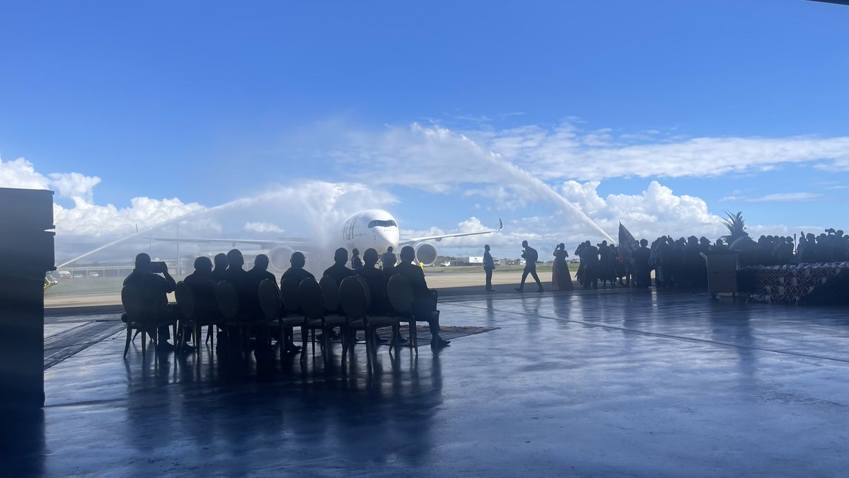 ambafrancefj's tweet photo. The chargée d’affaires a.i. of the French Embassy to #Fiji, Laurence Brattin-Nerrière, attended today's ceremony at #Nadi International Airport, where the Hon. Prime Minister received the new #Airbus A350-900, named 'Island of #Beqa.' A proud moment for #FijiAirways ✈️ https://t.co/Phx4hvU6Ix