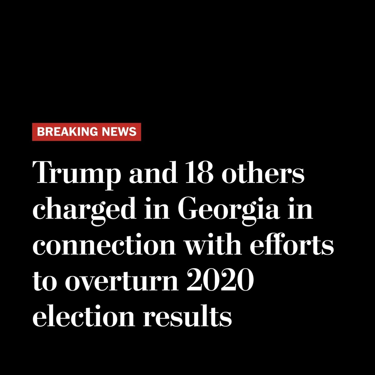 washingtonpost's tweet photo. Breaking news: Trump and 18 others are charged in Georgia in connection with efforts to overturn 2020 election results.

It’s Trump’s fourth criminal indictment this year following a 2½-year investigation by Fulton County District Attorney Fani T. Willis. https://t.co/xovupzN758 https://t.co/3fTERIHH33