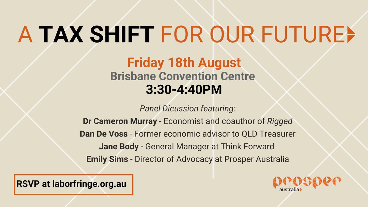 Only 3 more sleeps to Brisbane! Come and hear <a href="/DrCameronMurray/">Cameron Murray</a> <a href="/thinkforwardaus/">Think Forward</a> Dan De Voss <a href="/em_prosperaus/">Emily Sims</a> talk tax at #ALPFringe23 alongside <a href="/AustralianLabor/">Australian Labor</a> National Conference. All Fringe events are open to the public! Tix > laborfringe.org.au