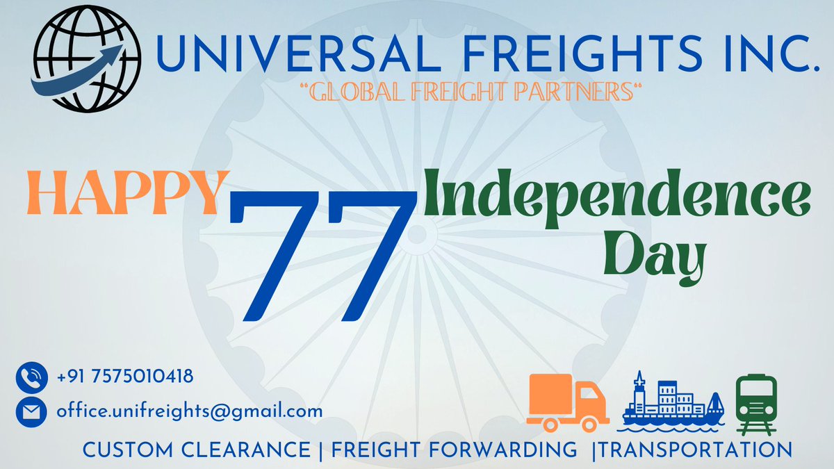 unifreights's tweet photo. Happy 77th Independence day Day from UNIVERSAL FREIGHTS INC. (UNIFREIGHTS) to all the Indians and their families.
#jaihind
#JaiHindJaiBharath
#UniversalFreights
#shipping
#logistics https://t.co/pAVe3lNnbt