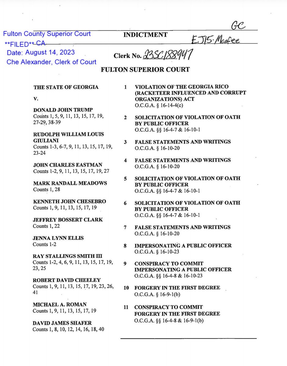 TheGregAngel's tweet photo. Former President Donald Trump indicted on criminal charges for the fourth time. 

The 98 page Georgia election interference indictment includes a number of co-defendants including Rudy Giuliani and former WH Chief of Staff Mark Meadows.

Indictment: https://t.co/rU3maHfE7u https://t.co/dv801lFZ5g
