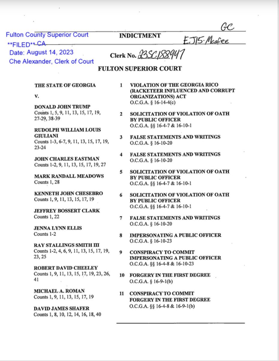stphnfwlr's tweet photo. BREAKING: Indictments against Donald Trump and 18 others are up on the Fulton County Clerk's website, with 41 criminal counts and 98 total pages. #gapol 

READ:
https://t.co/VTBpBNCmNb https://t.co/zLvZg29TqV