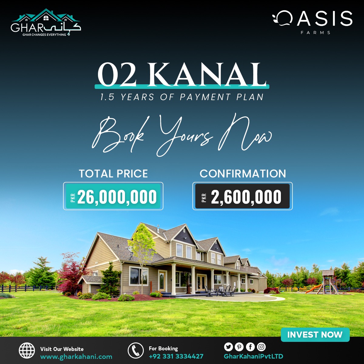 Your Dream 02 Kanal Farmhouse Awaits at Oasis Farms!
Experience luxury and tranquility in abundance with our spacious 02 Kanal farmhouse at Oasis Farms.
📞 Call/WhatsApp: 0331-3334427
🌐 Website: gharkahani.com
#GharKahani #OasisFarms #LuxuryLiving