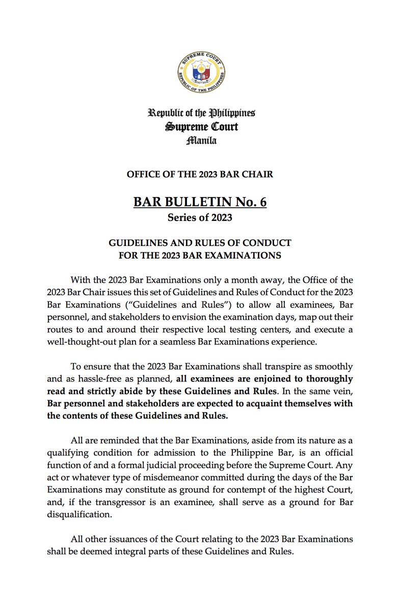 SCPh_PIO's tweet photo. READ: Bar Bulletin No. 6-2023

The 2023 Guidelines and Rules of Conduct are crafted to ensure a seamless and orderly Bar Examinations for examinees and all stakeholders.

https://t.co/DpxqlTXFpZ

Kindly read the Bar Bulletin in its entirety.

#WeCanDoIt #HernanDoIt #Bar2023 https://t.co/AkZGRXH9Kt