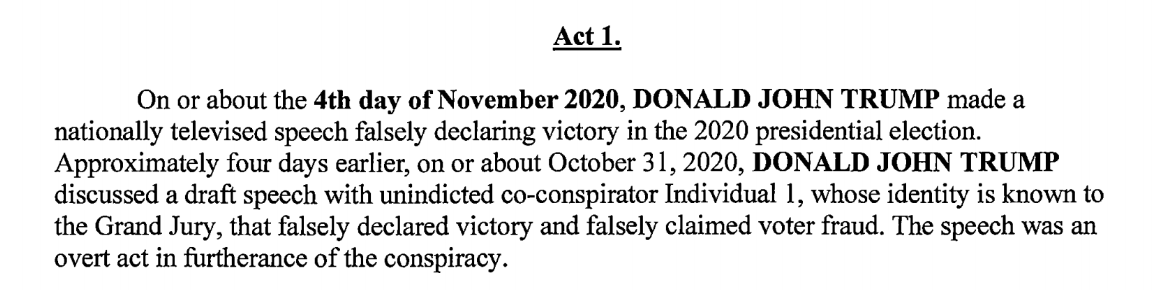 atrupar's tweet photo. the Fulton indictment says that Trump and an un-indicted co-conspirator *even before Election Day 2020* drafted a speech with false claims of voter fraud https://t.co/GY7U9fllOg