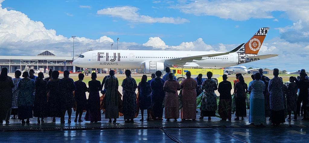 FijiAirways's tweet photo. Our @Airbus A350-900 XWB named the Island of Beqa has arrived home.

What a momentous occasion for the National Airline and all of Fiji.

#A350 #aviation https://t.co/M85nq4fl1f