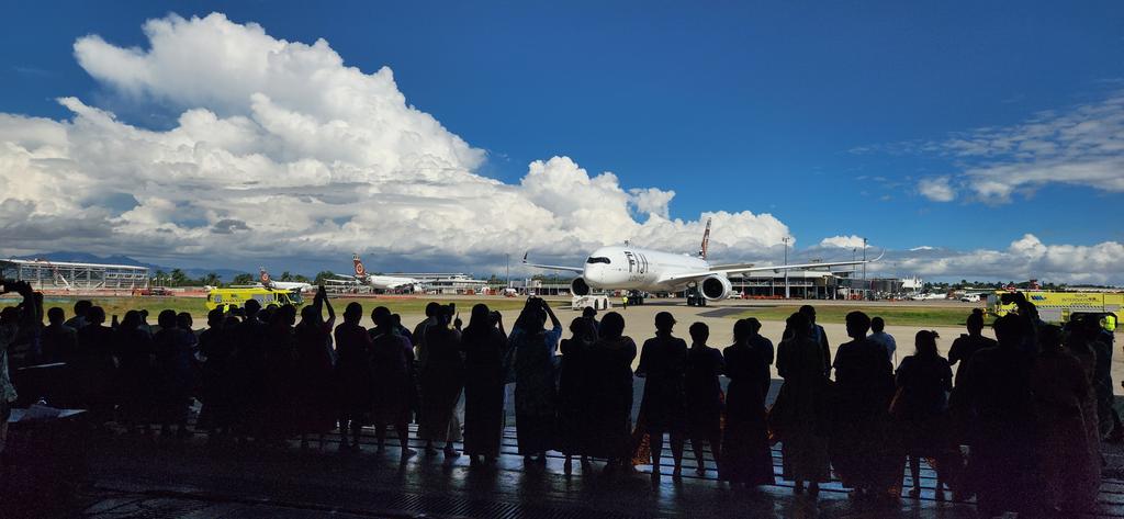 FijiAirways's tweet photo. Our @Airbus A350-900 XWB named the Island of Beqa has arrived home.

What a momentous occasion for the National Airline and all of Fiji.

#A350 #aviation https://t.co/M85nq4fl1f