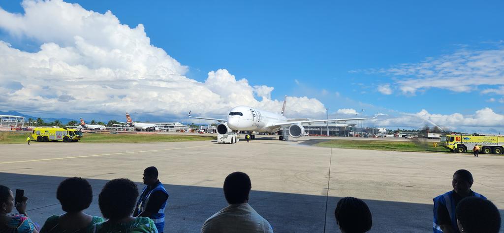 FijiAirways's tweet photo. Our @Airbus A350-900 XWB named the Island of Beqa has arrived home.

What a momentous occasion for the National Airline and all of Fiji.

#A350 #aviation https://t.co/M85nq4fl1f