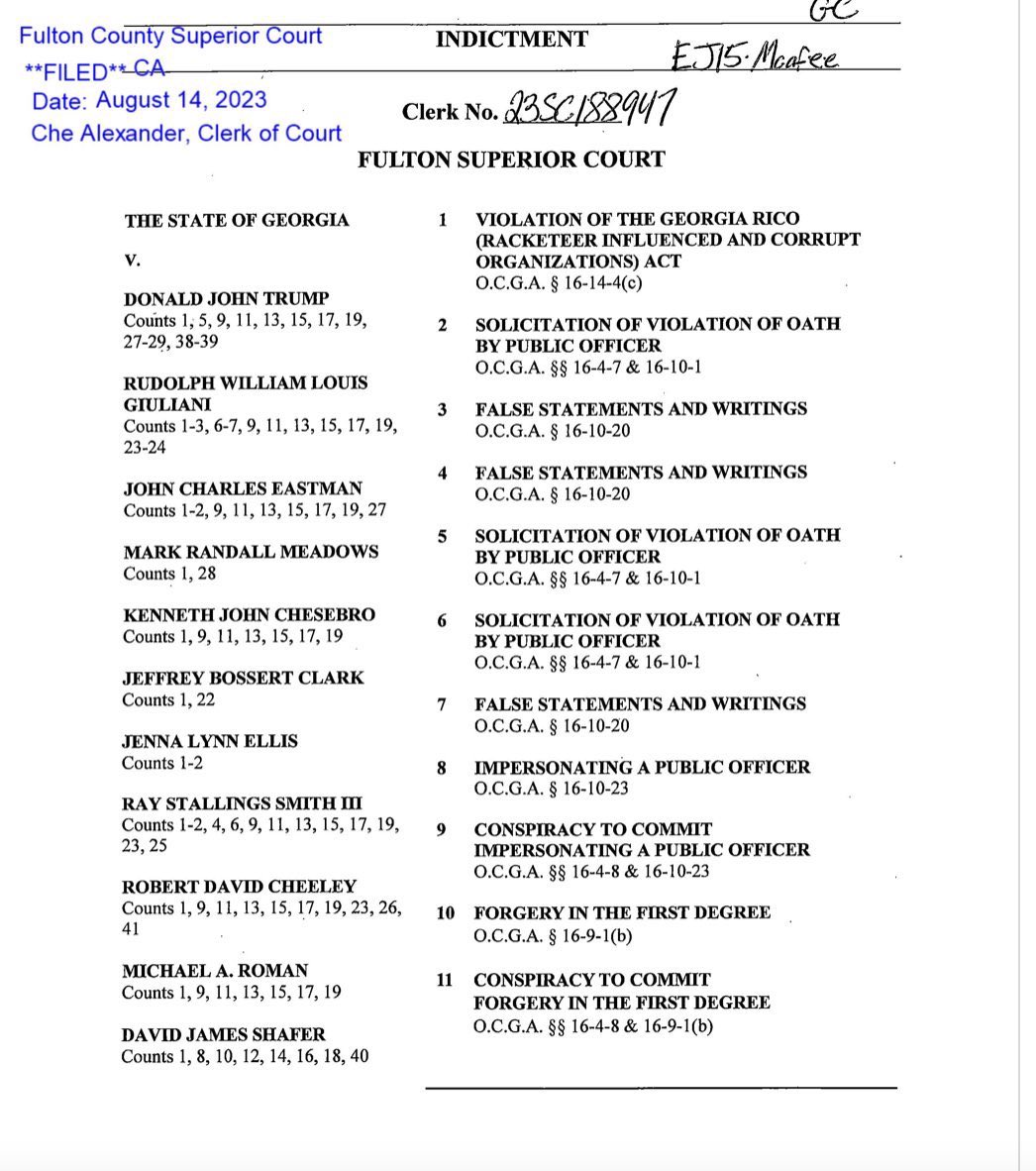 BovaryCee's tweet photo. Yes!!! Donald Trump, Rudy Giuliani &amp; others have been INDICTED by the GA Grand Jury!!! Time for thé mug shot! #DonaldTrumpIndicted https://t.co/wkV48FRlLb