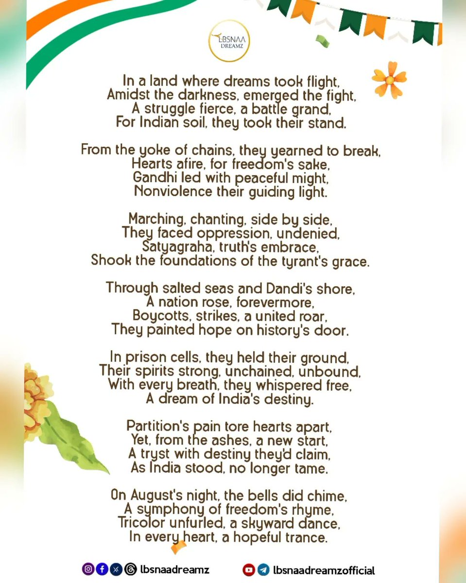 lbsnaadreamz's tweet photo. In twilight's realm, a land aglow,
A nation's spirit, fierce did grow.
Amidst oppression's cruel embrace,
India rose, to claim its grace.
From whispers of courage to thunderous roars,
Independence bloomed, like flowers in spring.
#IndependenceDayIndia #IndependenceDay #India https://t.co/KltHgttZ4R