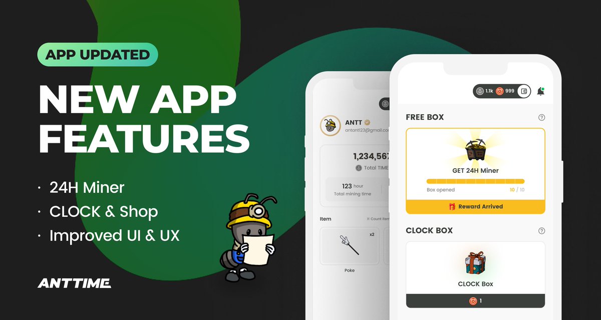 🎉 Enjoy #ANTTIME's new features and get #Airdrop!

👉 anttime.net/download-now

⛏️ Capture "Mining for 24 hours" screen and tweet with following hashtags
#ANTTIME #Freemining #T2E #Giveaway

⏰ until 1st, SEP (FRI)

💚 LIKE / RT / Tag 3 Friends!

🔥 Get 100 $TIME now!