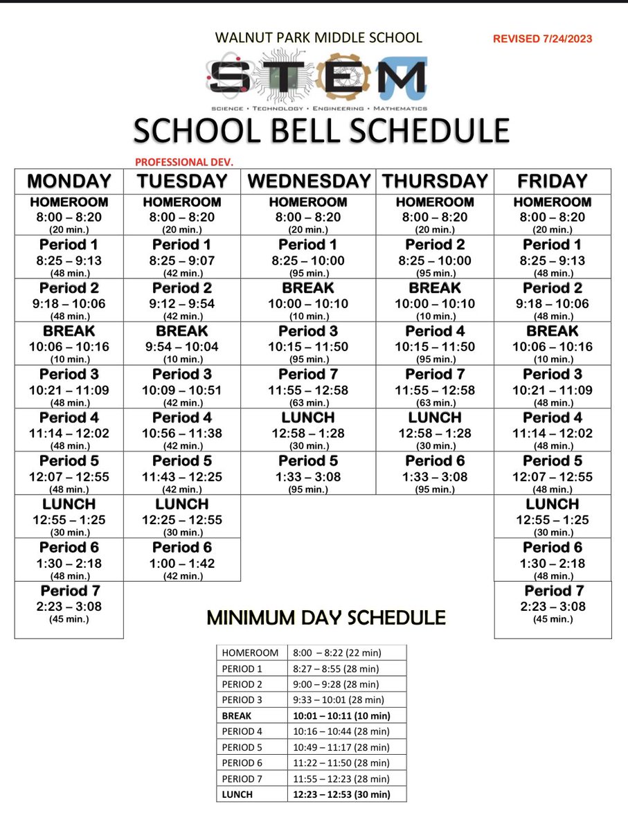 WpmsStem's tweet photo. Stem Huskies, Tomorrow’s bell Schedule. Tuesday is early dismissal. @WpmsStem https://t.co/eucExoidMD
