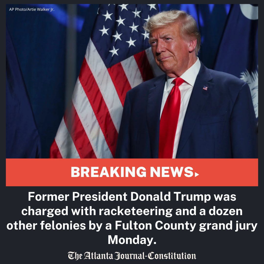 ajc's tweet photo. Former President Donald Trump was charged with racketeering &amp; a dozen other felonies by a Fulton County grand jury Monday.

⚫ More details: https://t.co/RK8lXWuoXU
⚫ Read the full 98-page indictment: https://t.co/iZuaoJwZWN
⚫ Key figures in the probe: https://t.co/gtIjtHWiVO https://t.co/tinVNSnNVa