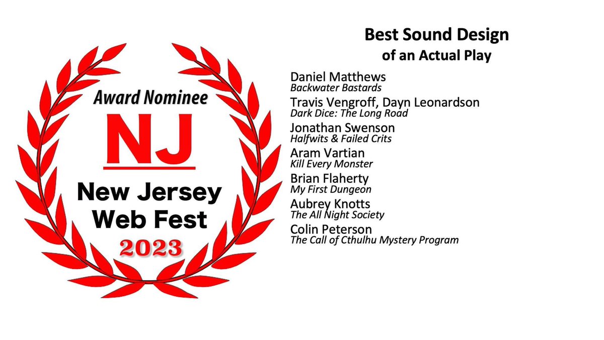 Nominations are in for <a href="/NJWebFest/">New Jersey WebFest (#NJWebFest)</a> and we are up for Outstanding Actual Play Podcast, Best Ensemble Cast, and Best Sound Design!