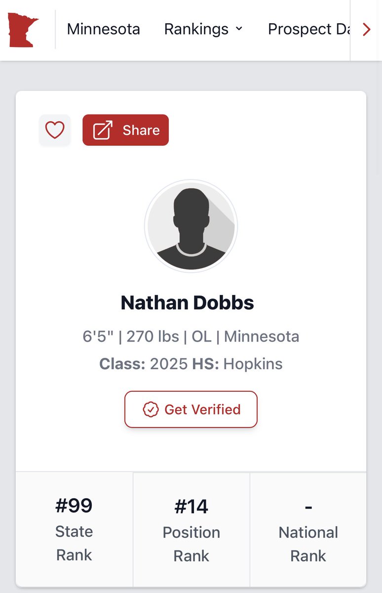 NathanDobbsJr72's tweet photo. Huge thank you to @OJW_Scouting and @PrepRedzoneMN for including me in the updated rankings. Excited to keep on climbing this year! https://t.co/X8q75Gne5Z