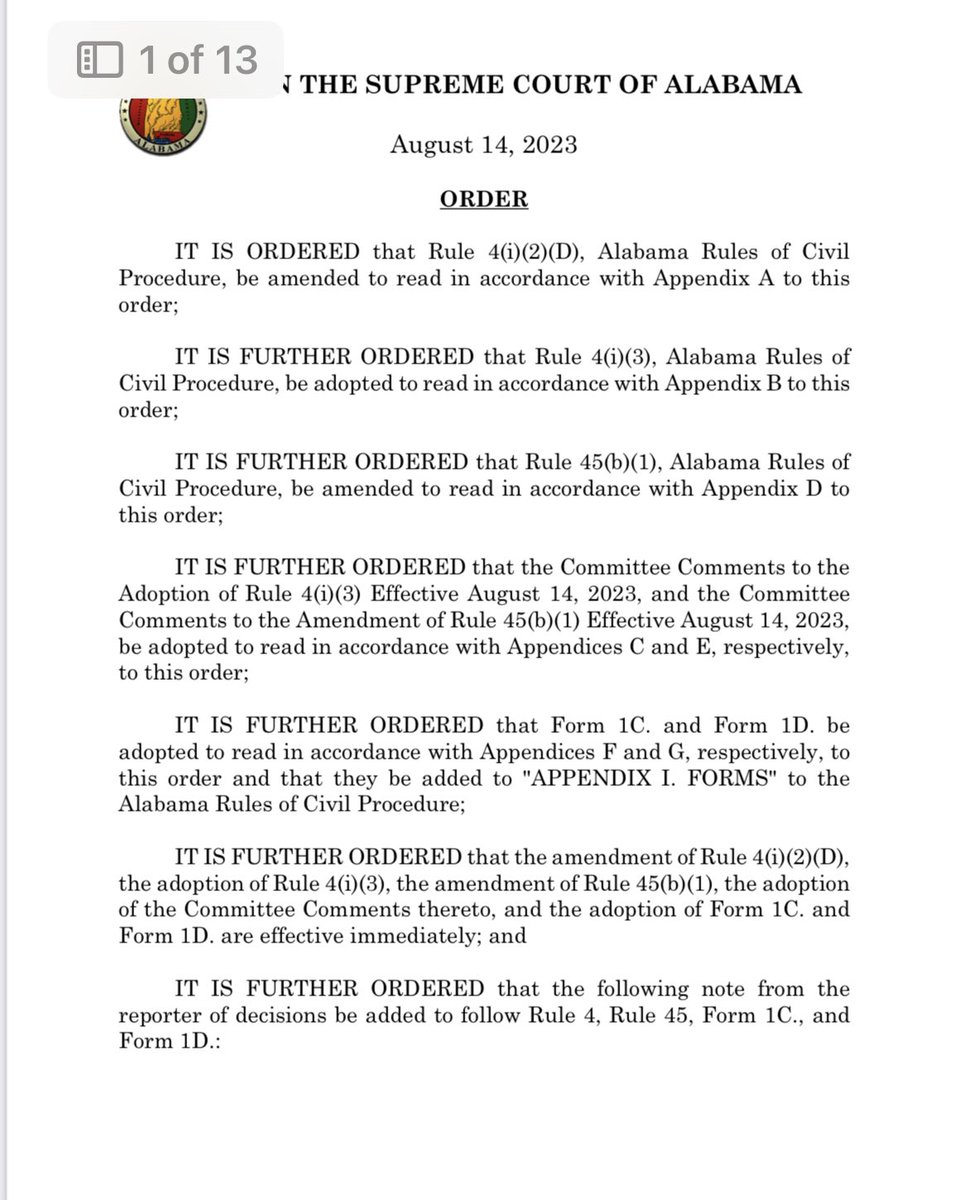 GregoryCook's tweet photo. I am pleased to announce that our Court amended Rule 4 of the Rules of Civil Procedure today to allow service of a complaint or subpoena (rule 45) by commercial delivery (for instance UPS or Federal Express among others). This should improve our courts’ efficiency and accuracy. https://t.co/DAtNnS9rs9