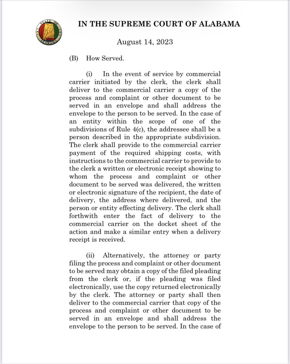 GregoryCook's tweet photo. I am pleased to announce that our Court amended Rule 4 of the Rules of Civil Procedure today to allow service of a complaint or subpoena (rule 45) by commercial delivery (for instance UPS or Federal Express among others). This should improve our courts’ efficiency and accuracy. https://t.co/DAtNnS9rs9
