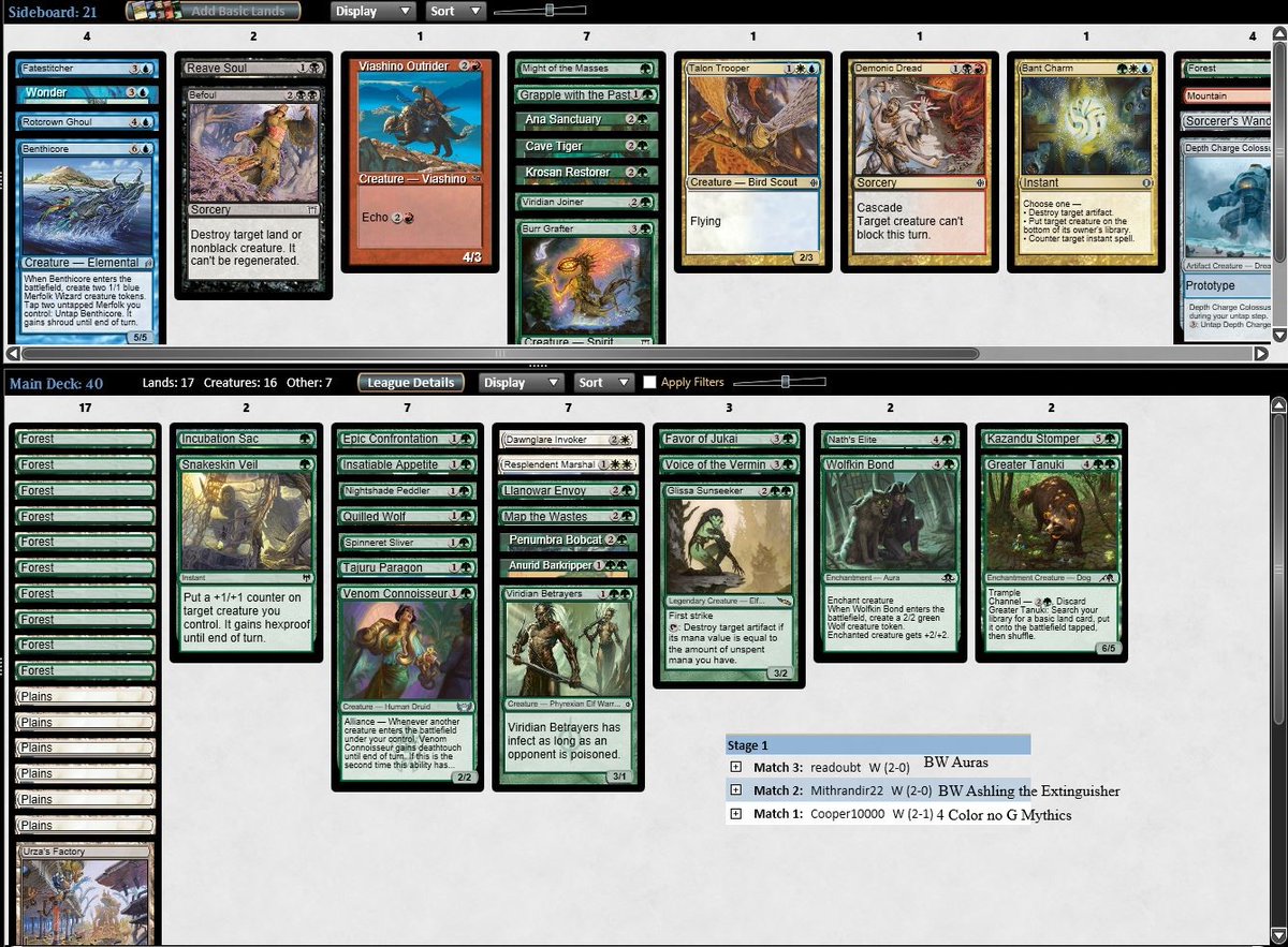 I have been getting worked over this iteration of Chaos Draft, but on bullet #9, I finally got a trophy with a super sweet deck. Was able to identify that Green was open at the table and then just walked it in. Invoker was the MVP &amp; earned the splash by soloing two games.