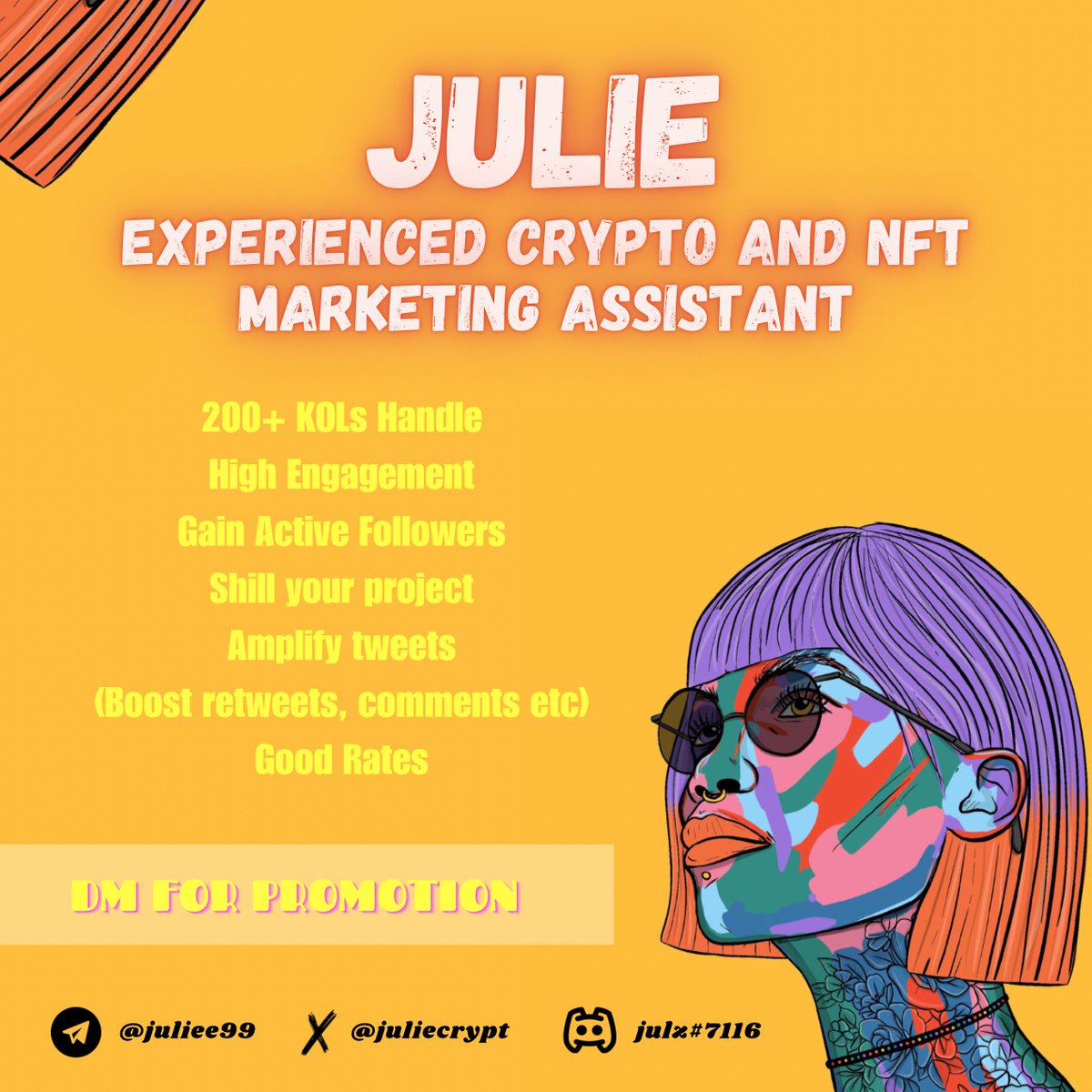 juliecrypt's tweet photo. GM Fam!

I'm Julie, 2 years experienced marketing assistant in crypto and NFT field. Kindly dm me for further information ☺️

#CryptoCommunity 
#NFTCommunity https://t.co/a9DQzWq99Y