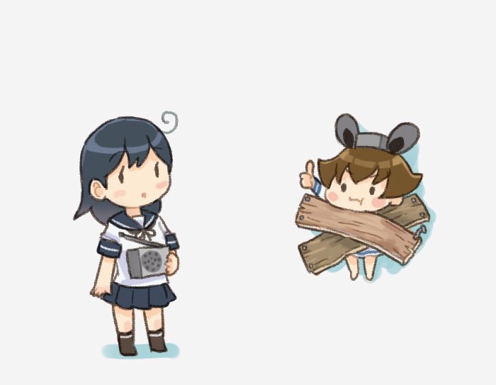 ushio (kancolle) ,yukikaze (kancolle) multiple girls 2girls ahoge black hair serafuku school uniform skirt  illustration images