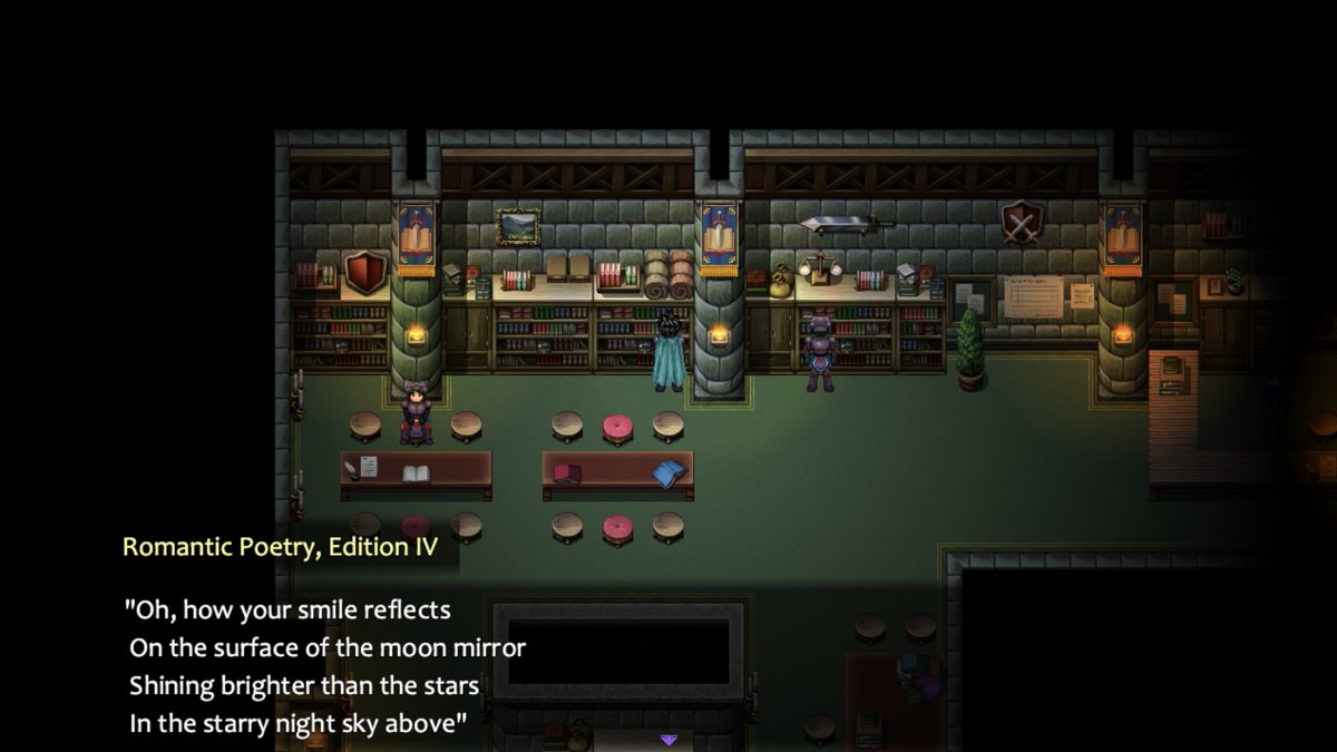 Most of the bookshelves in #ValiantSouls contain a small piece of lore or some kind of useful information, but since today is apparently "National Bad Poetry Day" - here you go!

#BadPoetryDay #IndieGameDev #JRPG #RPG