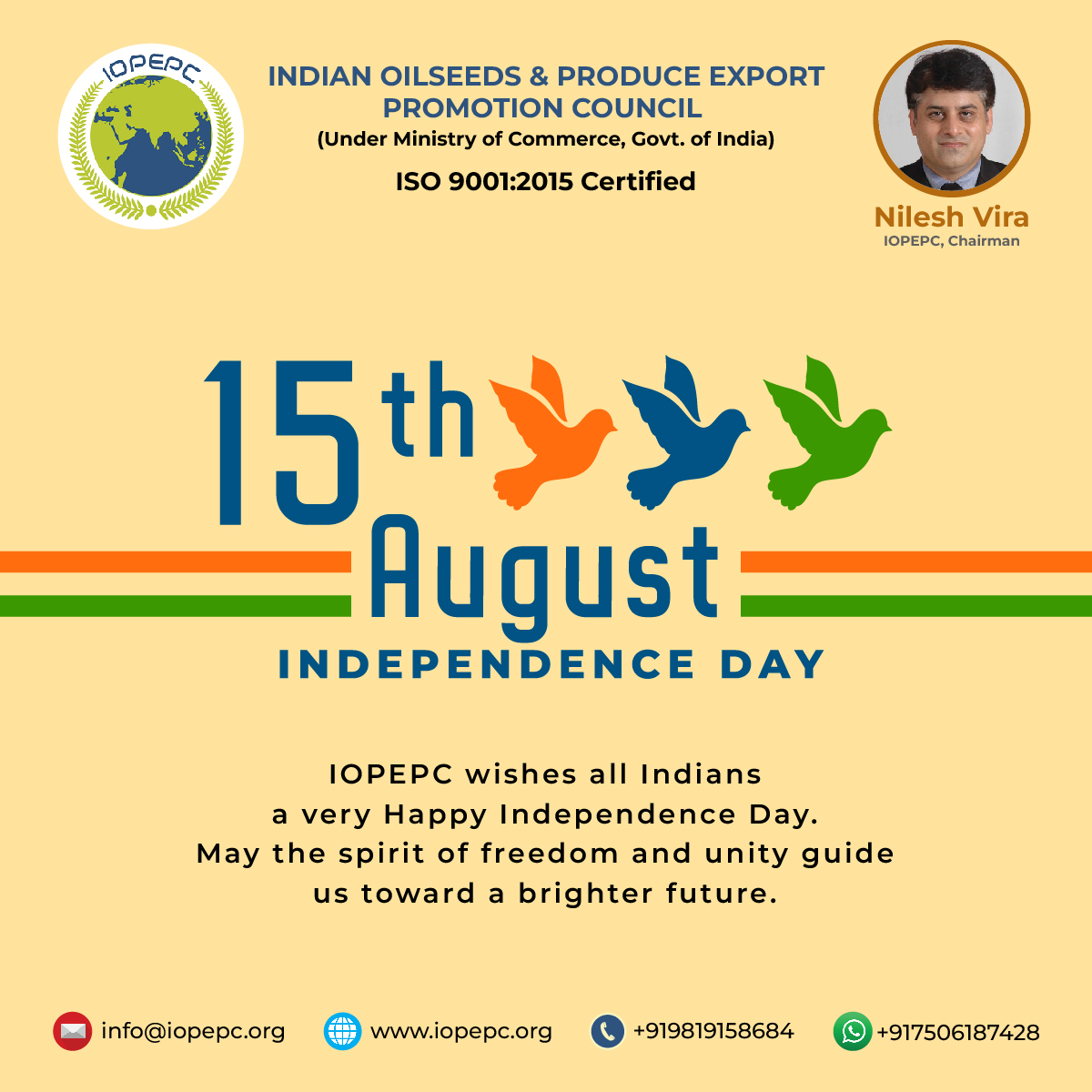 iopepc_india's tweet photo. IOPEPC wishes all Indians a very Happy Independence Day. May the spirit of freedom and unity guide us toward a brighter future.! ๐ฎ๐ณ
#IOPEPC #HappyIndependenceDay #happyindependenceday2023 #JaiHind #JaiBharat #india https://t.co/693b7Y1HQS
