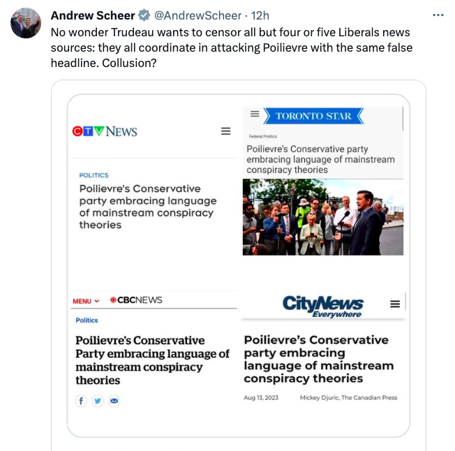 Le député Andrew Scheer, ancien chef du Parti conservateur du Canada, a partagé ce soir la capture d'écran ci-dessous. Selon ses dires, il considère que cela témoigne d'une collaboration entre les médias pour cibler le chef conservateur actuel, Pierre Poilievre, en utilisant "le