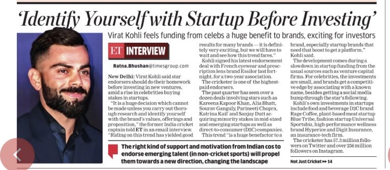 ratnabhushanET's tweet photo. Celebs investing in start-ups a huge benefactor to a brand; decision cannot be made unless you carry out thorough research ⁦⁦⁦@imVkohli⁩ tells ET in an email interaction. https://t.co/d8ktjWANi7 #ViratKohli ⁦@EconomicTimes⁩ https://t.co/cFeBGbHO4j