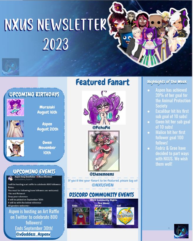 NXUSVEN's tweet photo. Newsletter for August 14th!
Be sure to check it out and keep an eye on those Discord events!
~~~
Fanart: @Pichupie80 &amp; https://t.co/3ZEiHOjpGJ
~~~
Be sure to wish @luvpurplepoodle &amp; @xgoddess_aspenx happy birthday this week!! 
~~~
#nxusen #vtuber #pngtuber #VTuberUprising https://t.co/oXg2JWHNU6