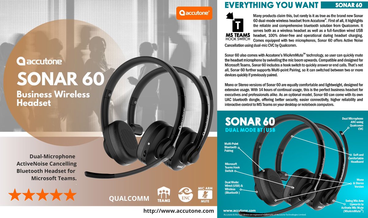 accutoneheadset's tweet photo. Sonar 60 has dual mode and also includes MicArmMute™. It designed to work with Microsoft Teams, including a dedicated hook switch for convenience and integration.

Discover more on https://t.co/Gm3cdZuNnW… #Accutone #Sonar60

#wirelessheadset #multitasking #ENCheadset #business https://t.co/0rO0ZM0f5w
