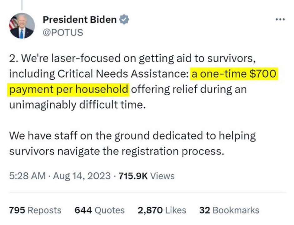 LuisfMontalvo's tweet image. Is this serious or a typo? 
What can they do with $700?Most people lost there entire homes &amp;amp; ALL belongings! There sleeping in the streets, there American Citizens &amp;amp; this is how we treat them! Meanwhile we send BLANK CHECKS TO UKRAINE. #MauiFire #MauiFires