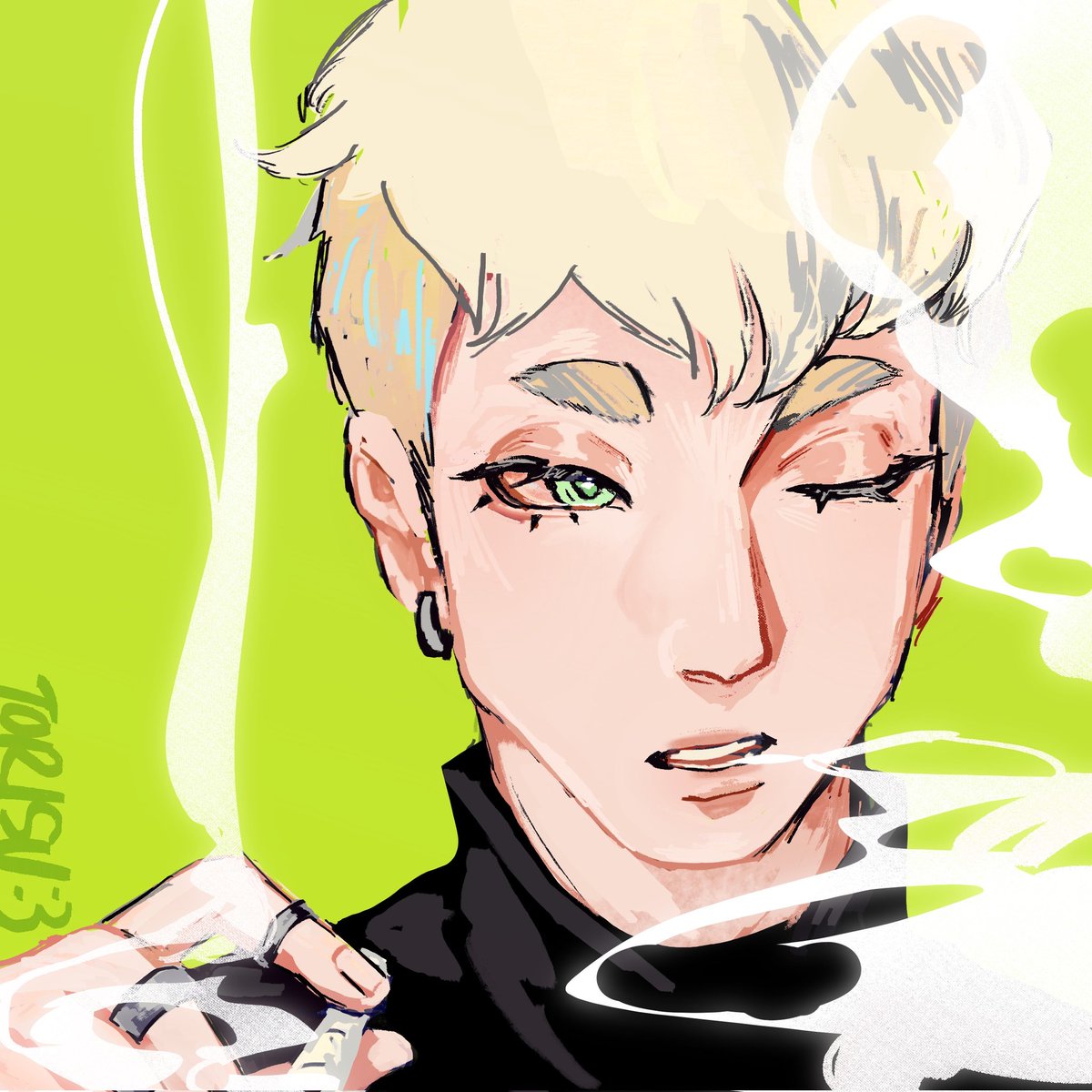 solo 1boy male focus jewelry one eye closed earrings blonde hair  illustration images