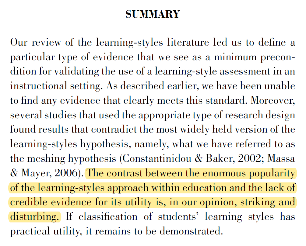 SteveStuWill's tweet photo. Your regular friendly reminder that learning styles are BS. The best teaching methods are best for everyone. https://t.co/VKw9aIdDLK

"The contrast between the enormous popularity of the learning-styles approach within education and the lack of credible evidence for its utility is striking and disturbing."