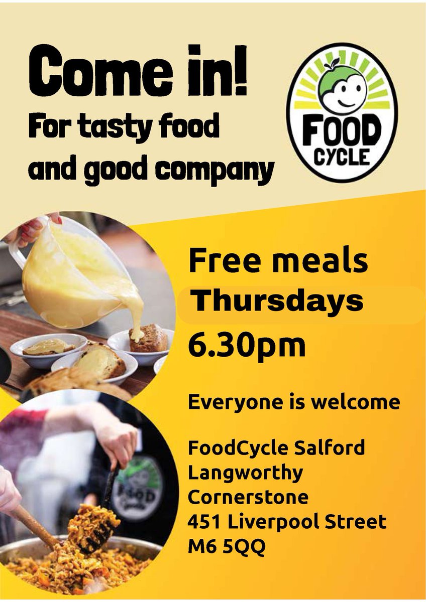 📣Great News!

The fabulous @Foodcycle will be here every Thurs too serving  FREE veggie meals to our  community!🍲🥘🥗

No need to book, just come along, eat delicious food & meet new people.

Thurs 6.30pm

0161 213 1920
reception@langworthycornerstone.co.uk

#fightingfoodwaste