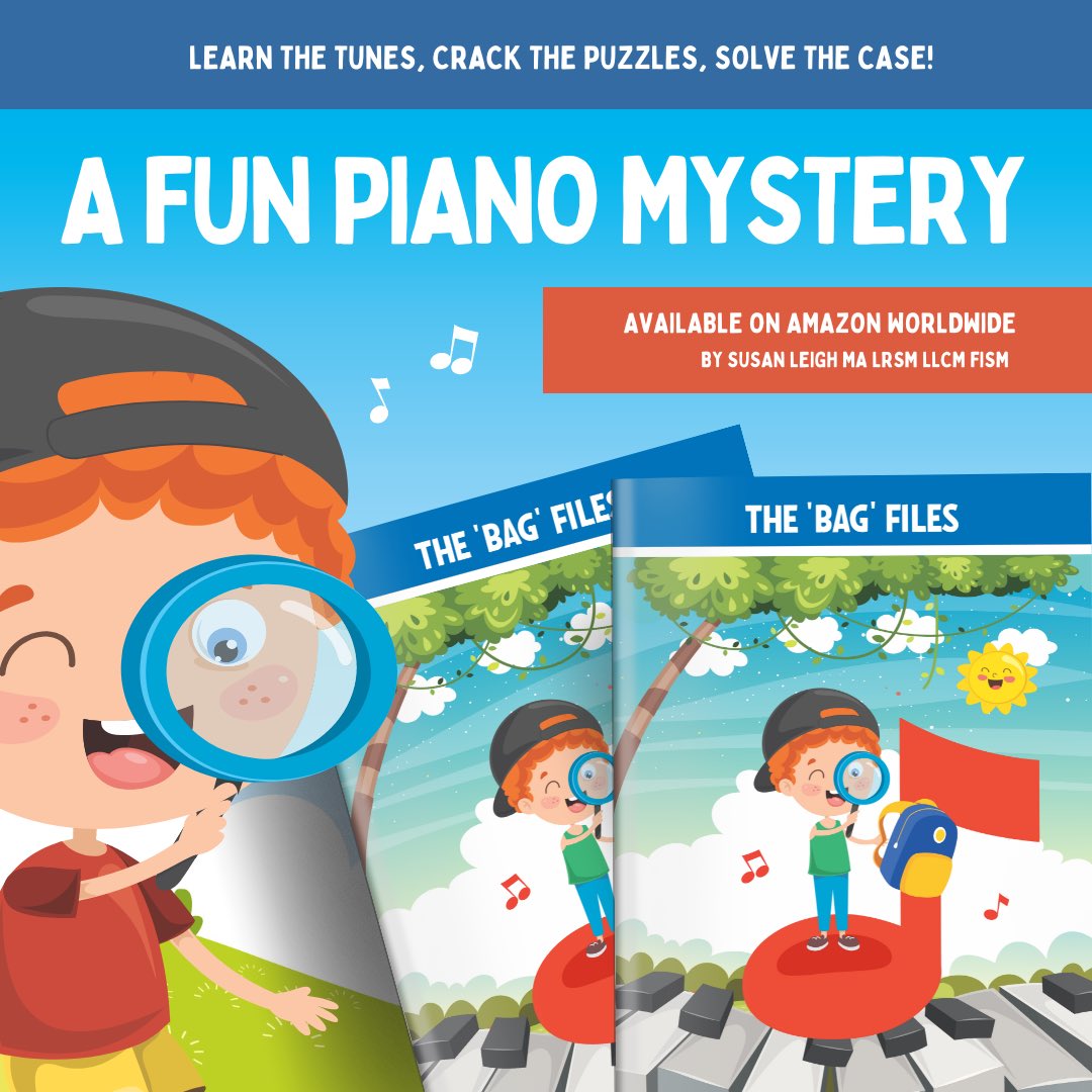 A new beginner piano mystery for budding musical detectives including seven tunes to learn, optional teacher duets, puzzles to solve, colourful story cartoons and certificate. Available worldwide on Amazon amzn.eu/d/7i592oz