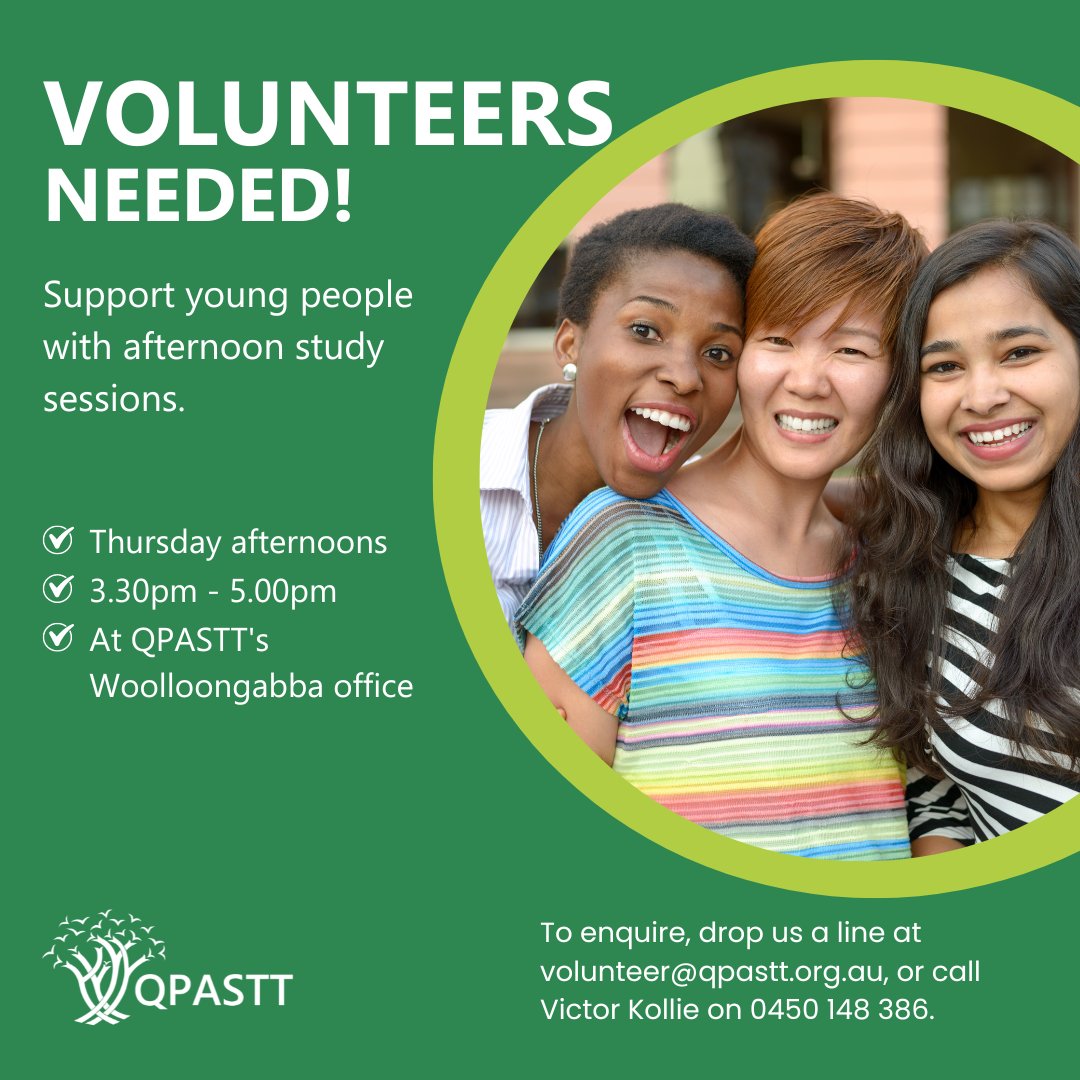 We seek volunteers to help young people with study sessions at our Woolloongabba, Meanjin/Brisbane office.

This regular, rewarding gig is every Thursday from 3.30pm to 5pm (school terms).

To learn more, contact Victor, our Volunteer Coordinator on the details below!