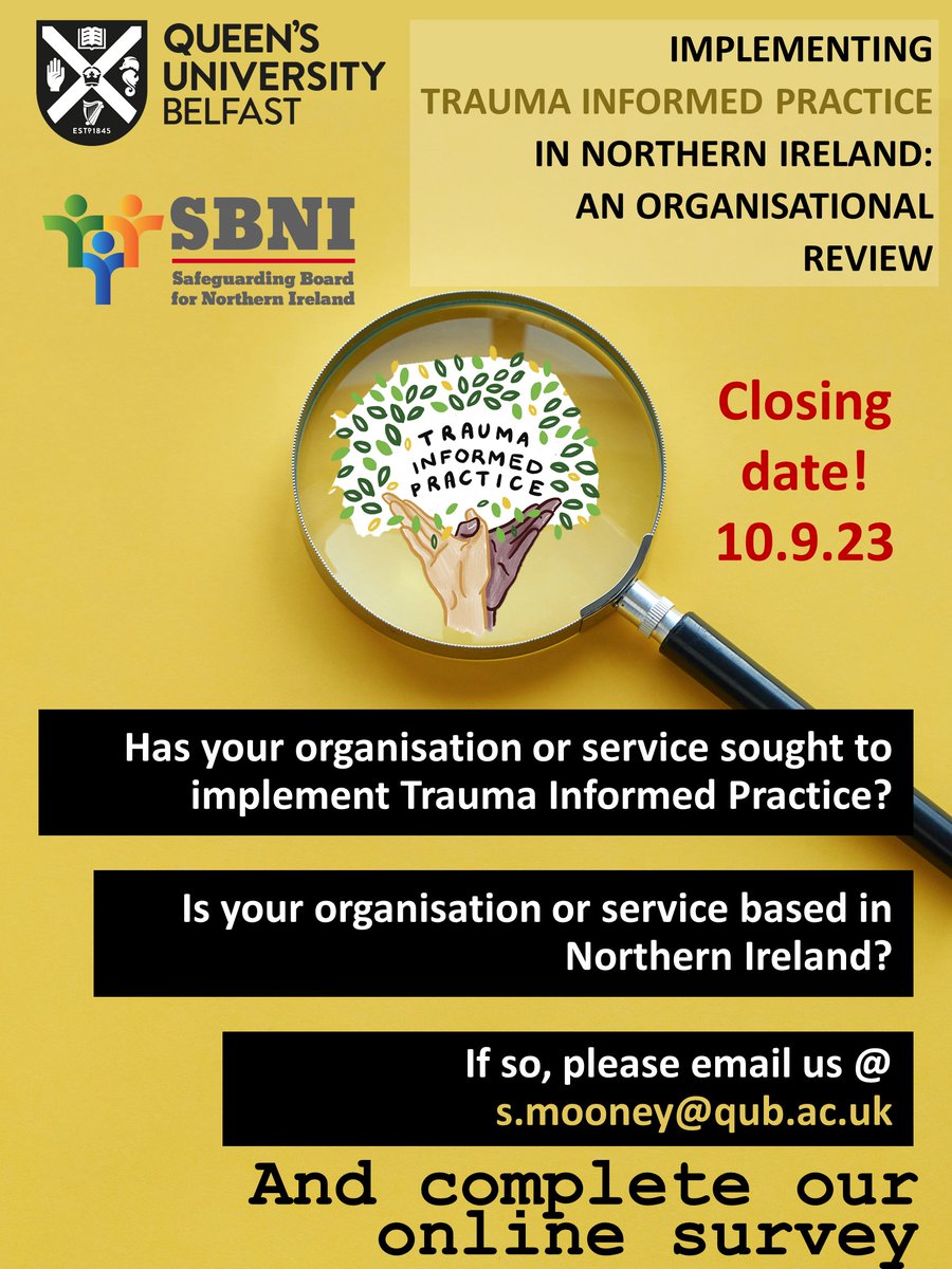 👇REMINDER: Just a few weeks left to respond! Has your service/organisation been implementing trauma informed practice (TIP)? Are you based in NI? If so, <a href="/QUBSSESW/">SSESW at Queen's</a> want to hear from you! Don’t miss this  opportunity to share your insights <a href="/safeguardingni/">Safeguarding Board for Northern Ireland</a>