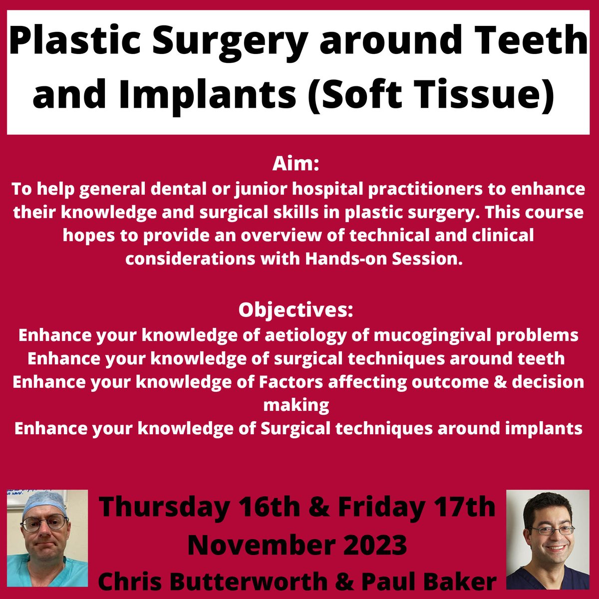 MANDEC_Centre's tweet photo. Plastic Surgery Around Teeth &amp; Implants (Soft Tissue) Course
Thursday 16th &amp; Friday 17th November 2023
BOOK NOW https://t.co/AgZDsmRvRh
Please contact one of our conference organisers for more information on booking Telephone:
Team Office  = 0161 529 6463
Email: mandec@mft.nhs.uk https://t.co/eMFUd5eqY6