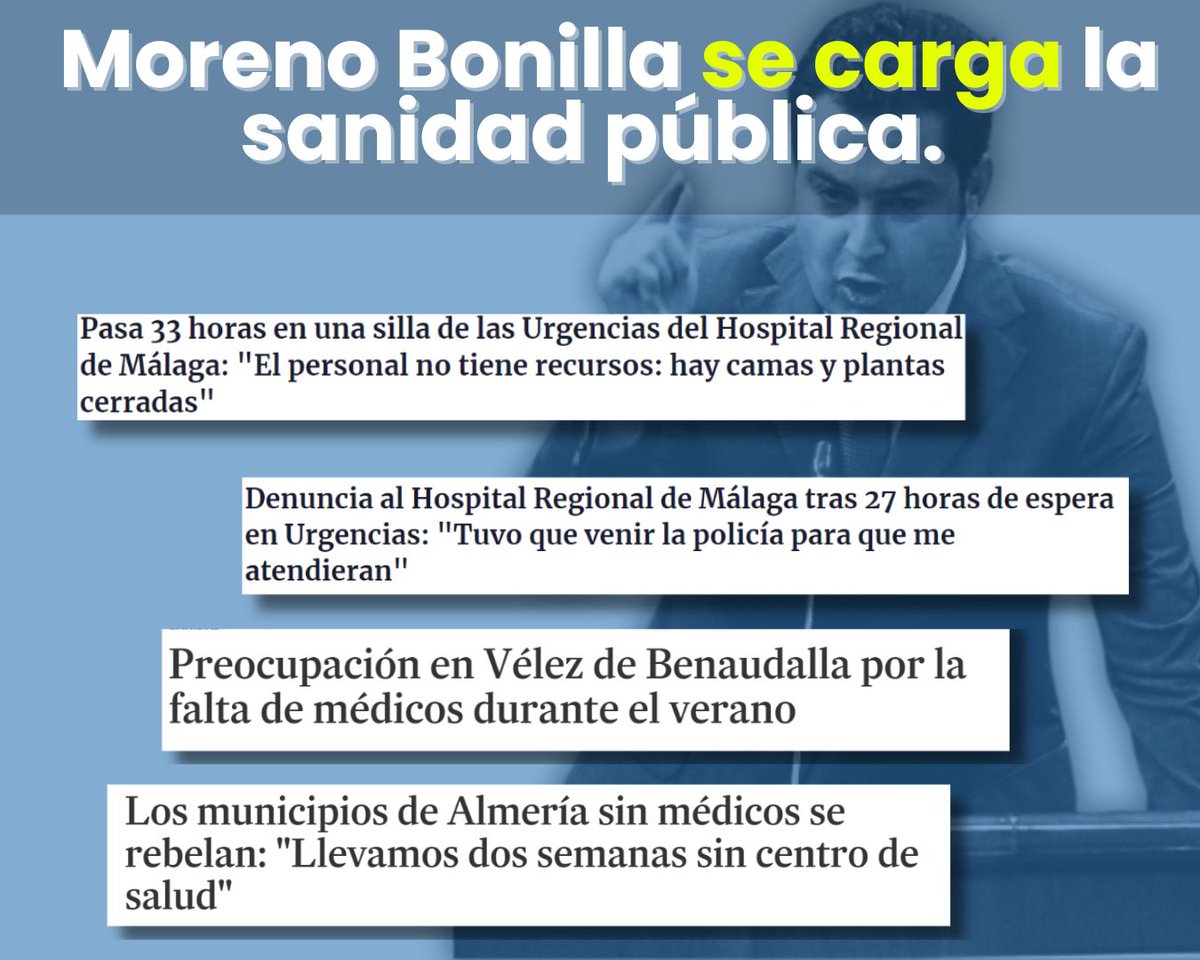 📢 Cuando un reponsable político (MORENO BONILLA) convierte un derecho como es la sanidad en un negocio, las consecuencias no pueden ser otras. 

✖️ Ni atención sanitaria digna ni de calidad. 

⚠️ Se está cargando la #SanidadPública.