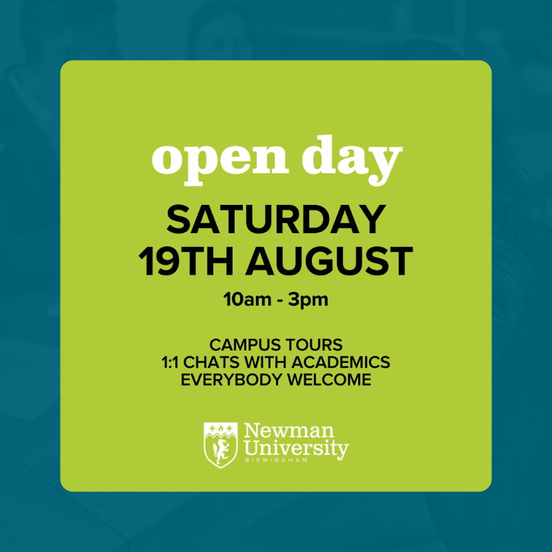 Newman_Uni's tweet photo. 👋 | Discover how we do things differently at Newman University Birmingham. 

Join us on Saturday to come look around campus and speak with subject staff and support areas, including admissions, accommodation, finance, and student support. 

✨ Everybody welcome ✨