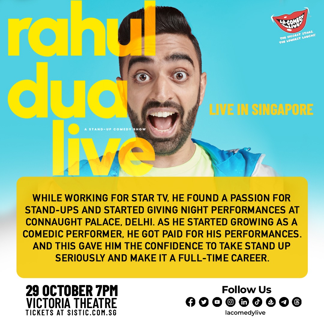 Rahul Dua, one of India's outstanding comedians, is coming to Singapore! Catch Rahul and his observational comedy on stage at the Victoria Theatre on October 29th, 2023. Tickets are NOW ON SALE via sistic.com.sg/events/rahul10…

#LAComedyLive