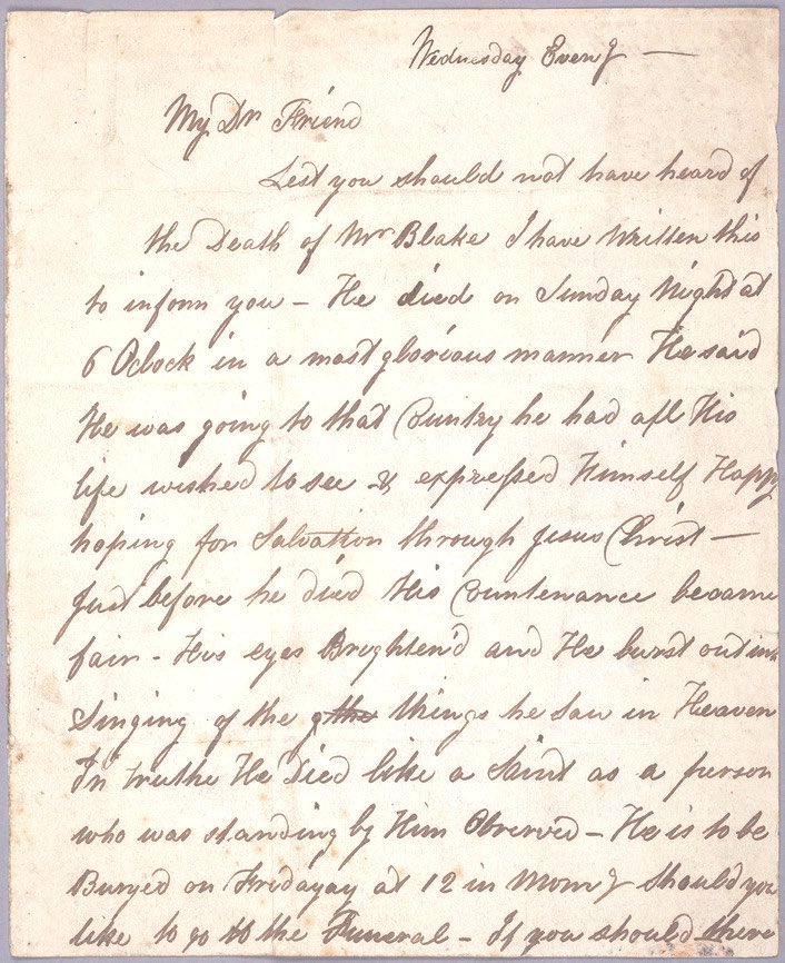 #OTD 1827 George Richmond writes to Palmer of William Blake’s death “My Dear Friend lest you should not have heard of the death of Mr Blake I have written this to inform you. He died on Sunday night at 6 Oclock in a most glorious manner” 💔 #SamuelPalmer