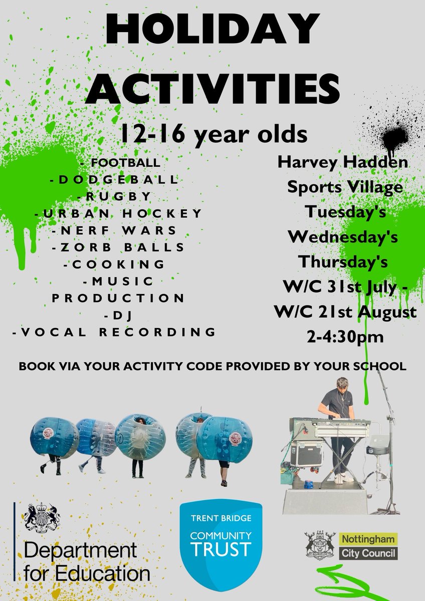 Holiday Activities 😍

We are running a variety of exciting activities for young people 12-16 years old 👏

For more information or to book please contact Gemma on👉07966363352 or email gemma.fewkes@trentbridge.co.uk