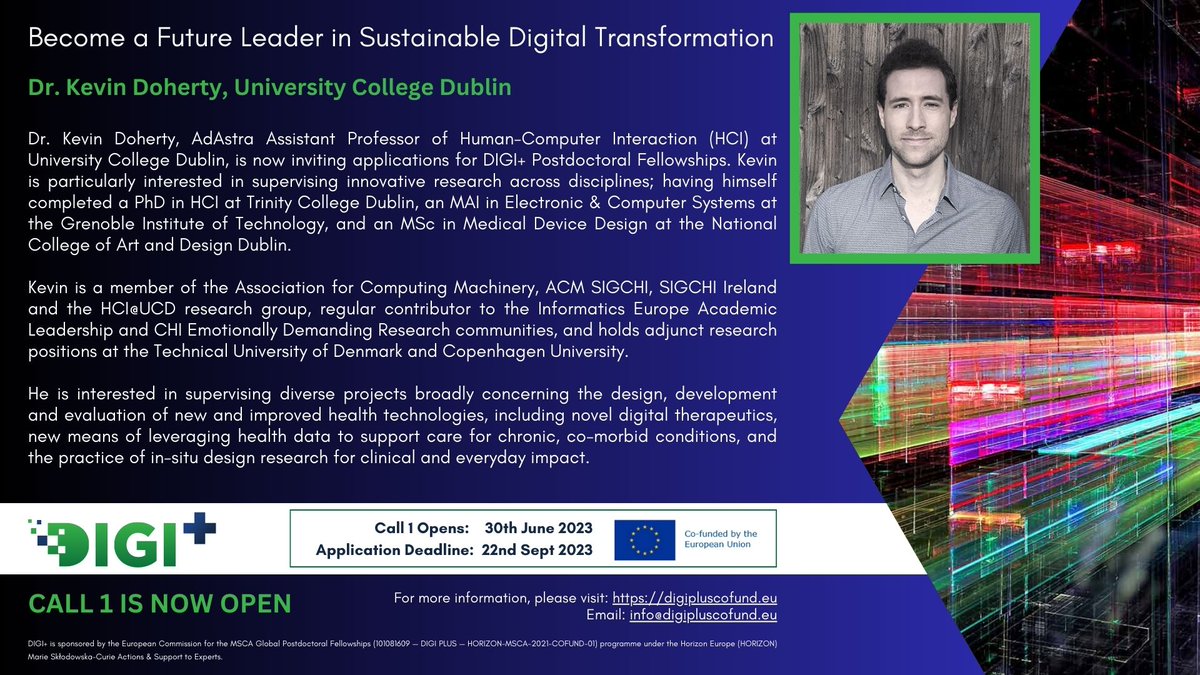 Pursue a DIGI+ Postdoctoral Fellowship under the Supervision of Dr. Kevin Doherty @ucddublin His research topics include #HCI #Healthcare #MentalHealthTechnology #DesignResearch. Get in touch with him to discuss your proposal. Deadline: 22 September