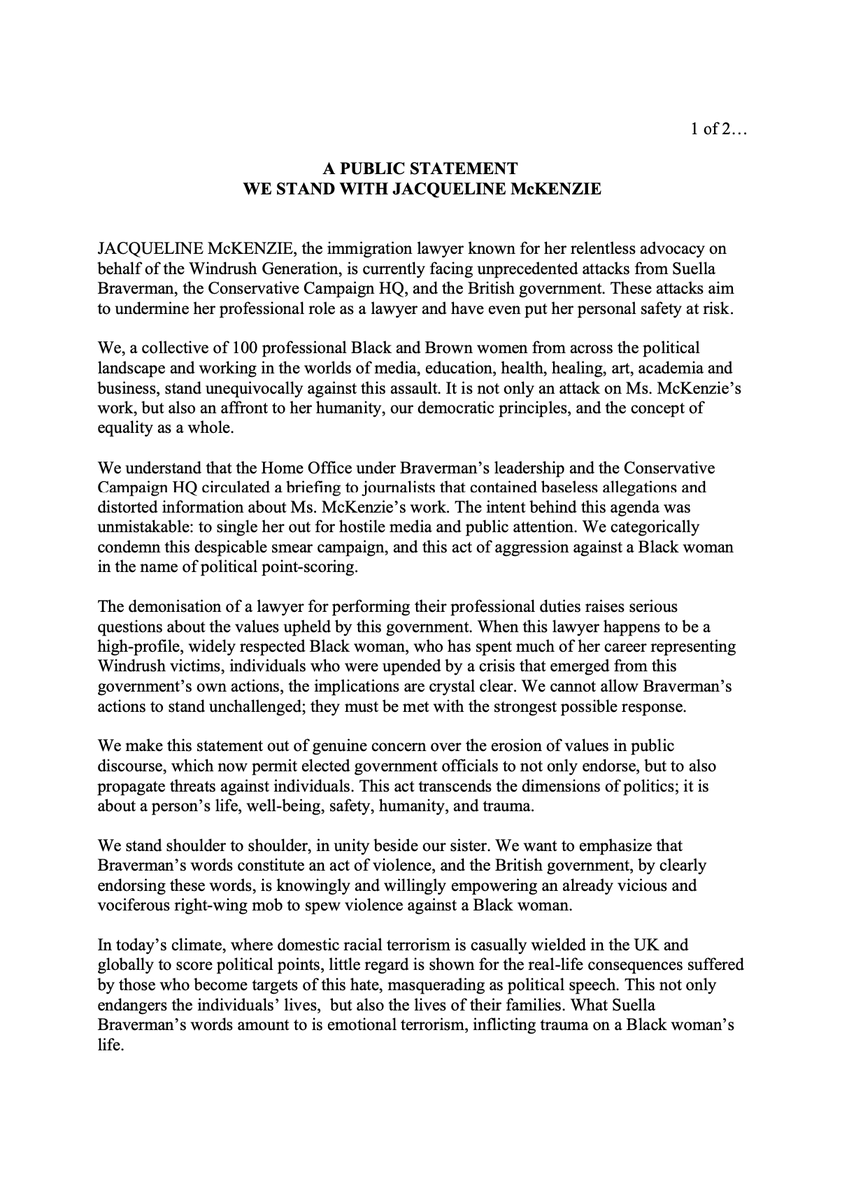 estherarmah's tweet photo. '..domestic racial terrorism is casually wielded in the UK and globally to score political points...' powerful quote from a public statement by 100 Black &amp; Brown women condemning @suellaBraverman 's attack against immigration lawyer @JacquiMckenzie6 #WeStandWithJacquelineMcKenzie https://t.co/9celaLOs7e
