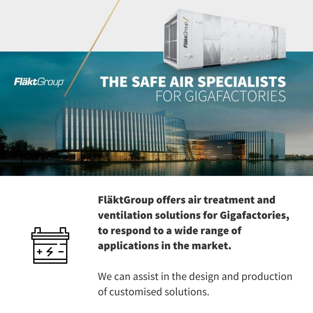 Did you know…? FläktGroup offers air treatment and ventilation solutions for Gigafactories, to respond to a wide range of applications in the market. 
eu1.hubs.ly/H04D9000

#Gigafactories #AirTreatmentSolutions #VentilationSolutions #CustomizedSolutions #Sustainability